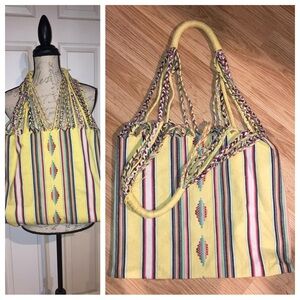 Woven Multicolor Stripe Yellow Textile Cloth Braided Double Handle Tote Bag
